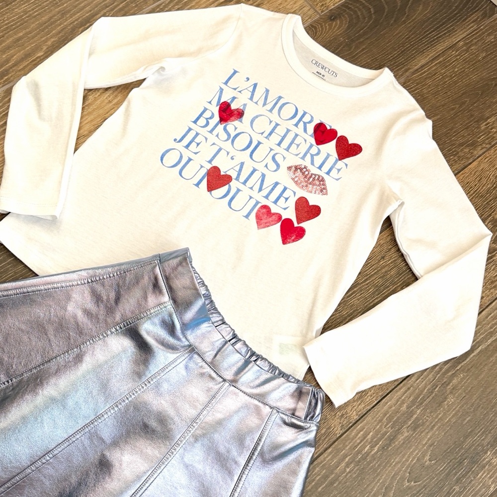 J.Crew Girls’ L’Amour Long-Sleeve Sequin Heart Tee/Metallic Faux Leather Skirt—M - Picture 5 of 12